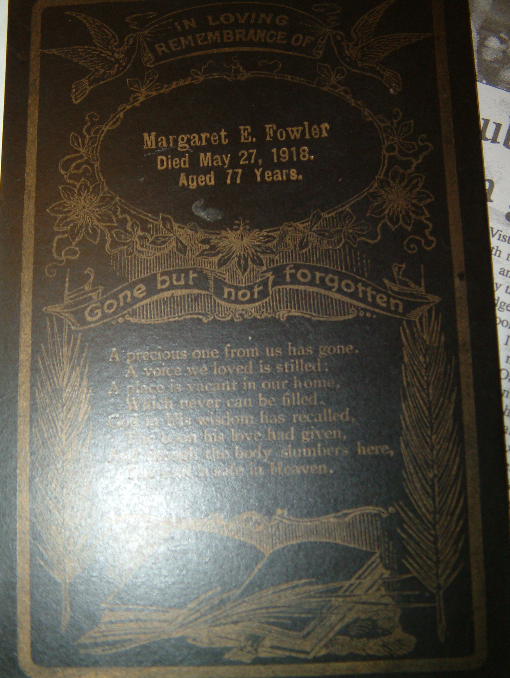 Grampy's mother's funeral card